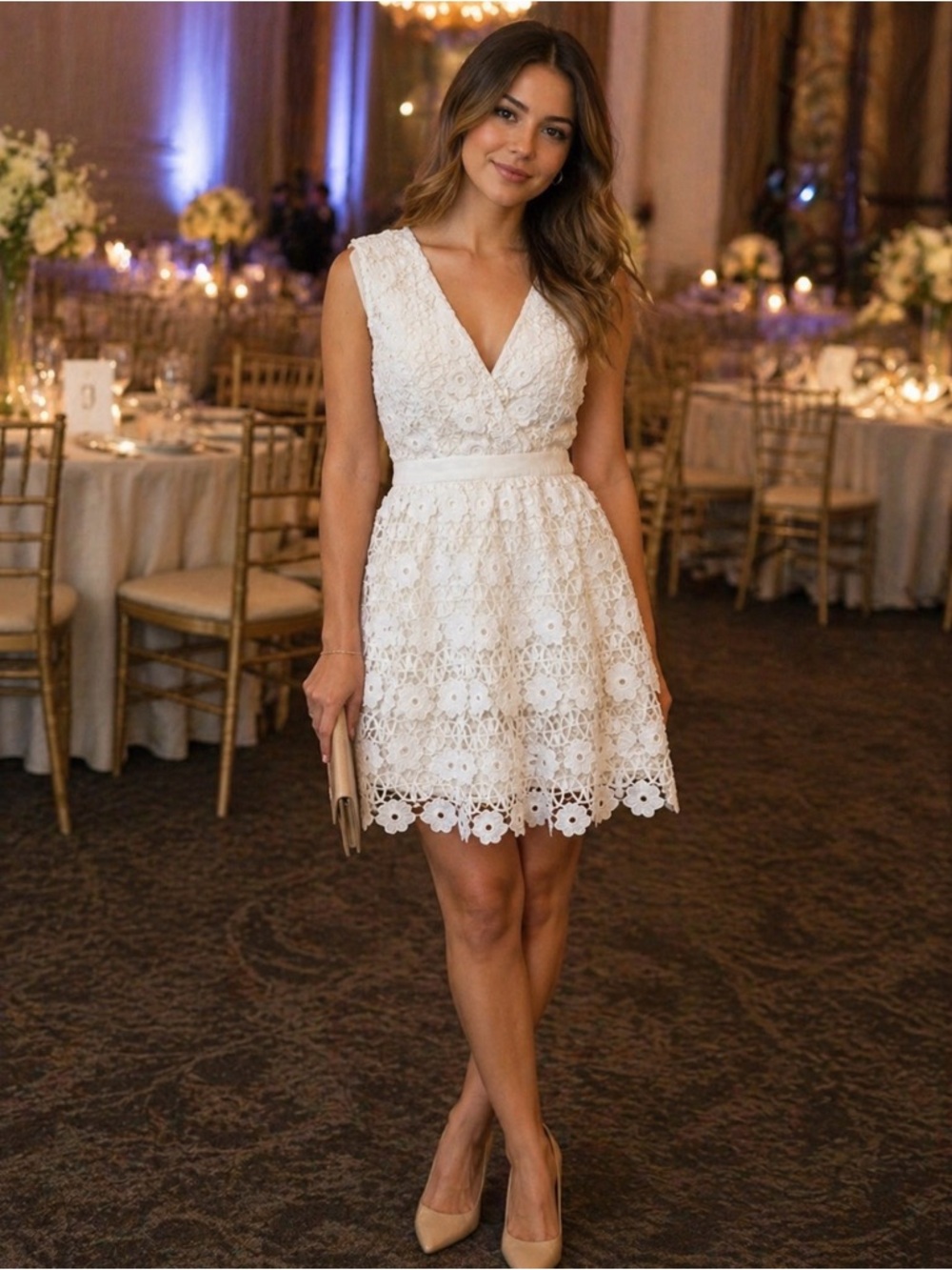 Anthropologie Endless Rose white embroidered floral vneck open back midi dress
